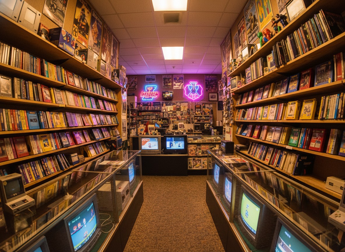 Inside Hidden Gems store with shelves of retro games